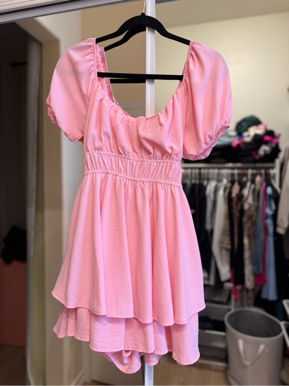 Altar'd State Pink Puff-Sleeve Tiered Crop Top Dress
